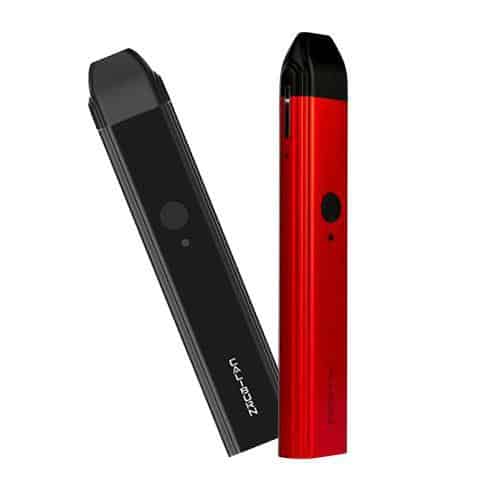 Front view of Uwell Caliburn pod system (red, black)